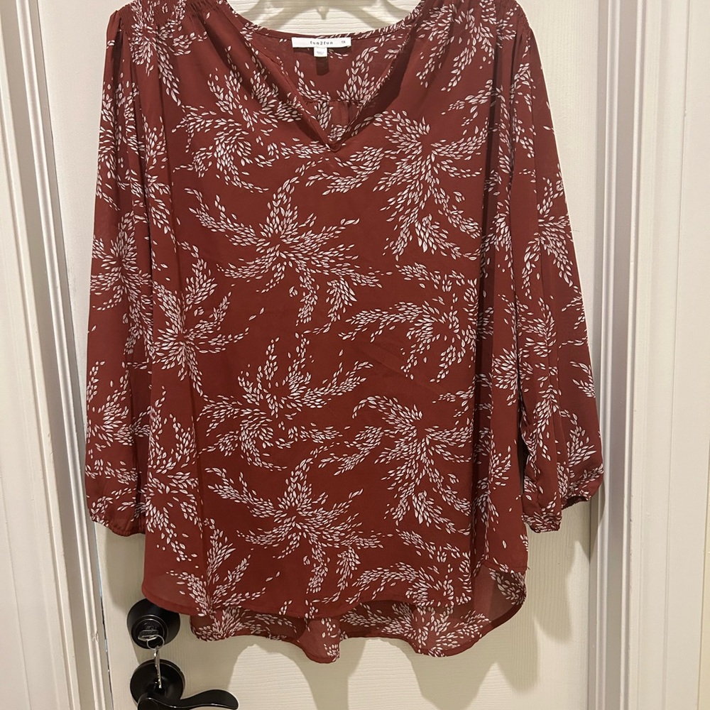 Women's fun2fun Red Brown Patterned blouse Top 1X
